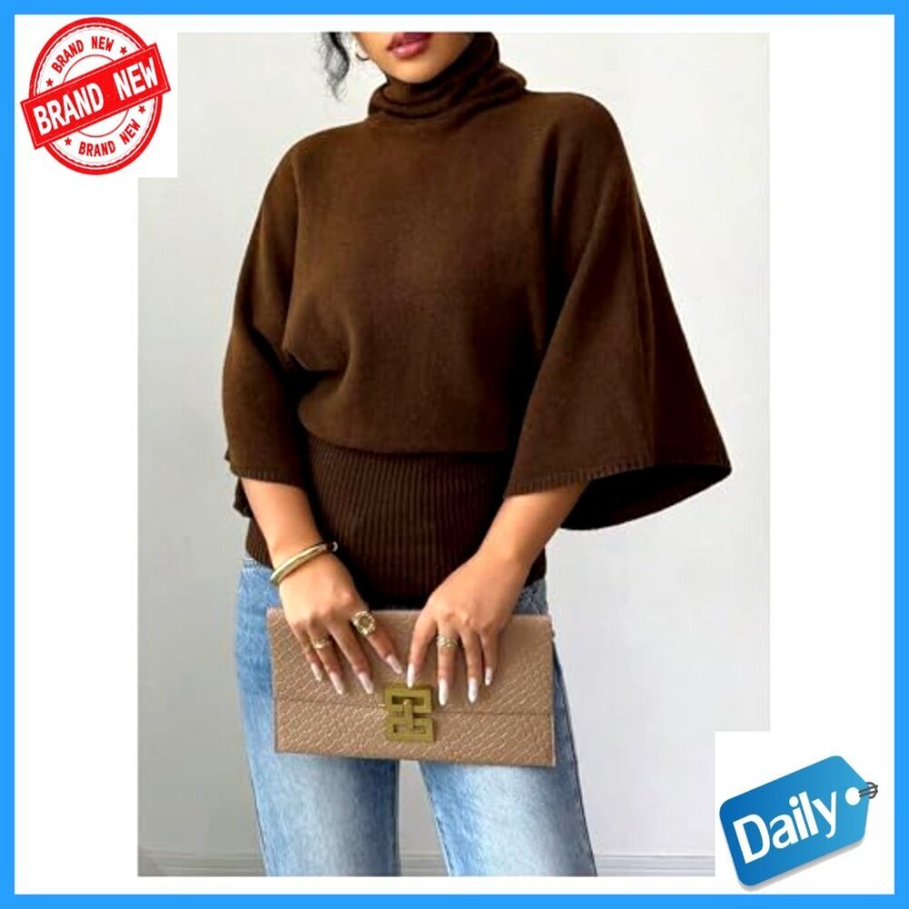 Women's Turtleneck Sweater 3/4 Sleeve Pullover Knitted Business Casual Top - Picture 2 of 5